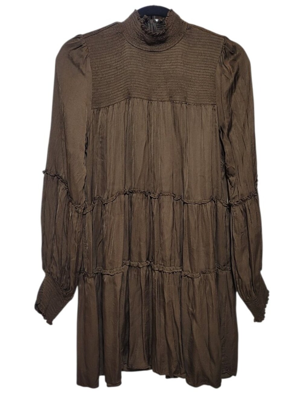 Olivaceous Long Sleeve Tiered Smocked Mini Dress Brown Medium Babydoll Boho